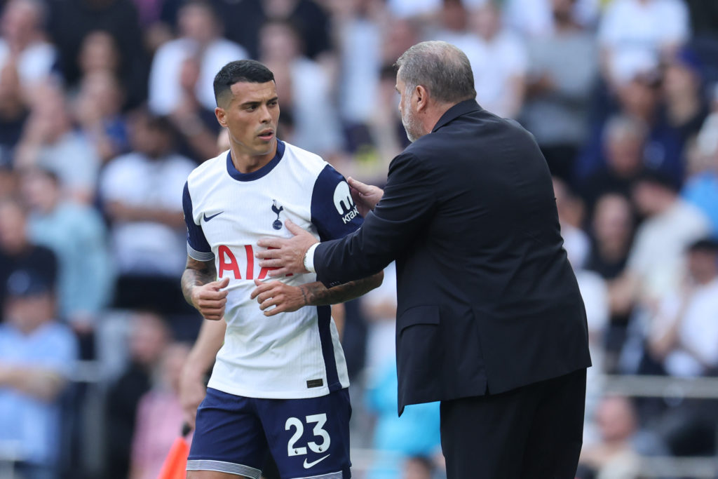 Pedro Porro and Ange Postecoglou during Tottenham Hotspur FC v Brentford FC