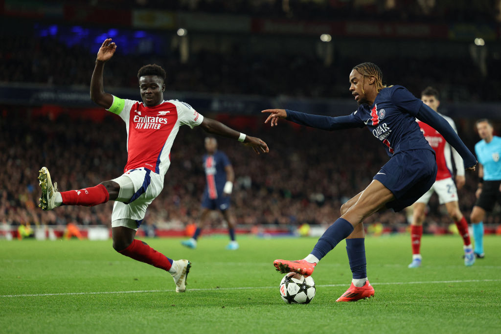 Bradley Barcola and Bukayo Saka during Arsenal vs PSG in the Champions League.
