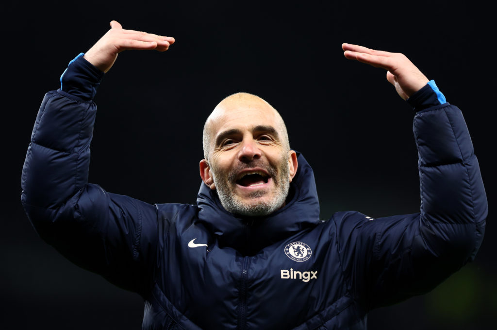 Chelsea manager Enzo Maresca urging the crowd on during a Premier League game against Tottenham Hotspur