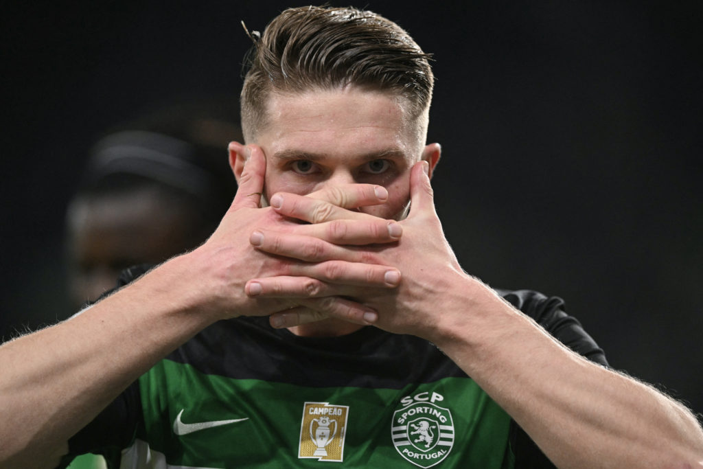 Arsenal target Viktor Gyokeres celebrating after scoring a goal for Spoting CP
