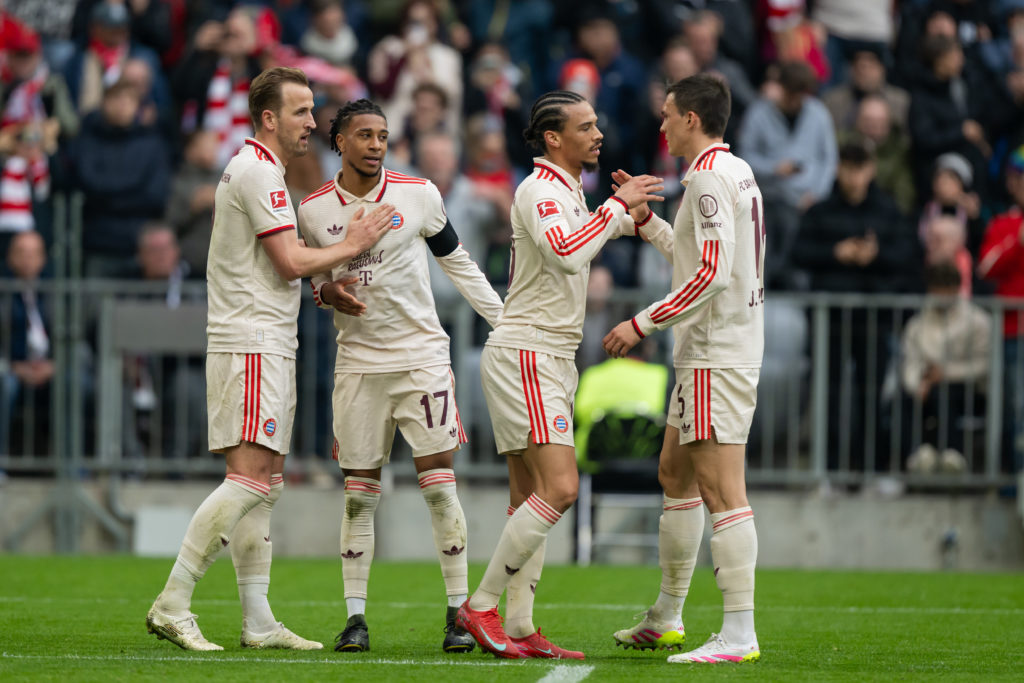 Harry Kane and Leroy Sane celebrate during FC Bayern München v FC St. Pauli 1910 - Bundesliga
