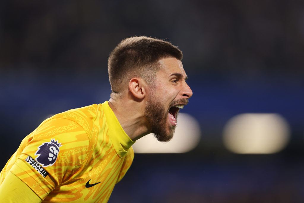 Guglielmo Vicario shouts at his teammates during Chelsea FC v Tottenham Hotspur FC in the Premier League.