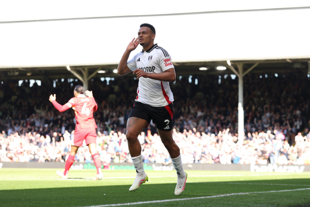 Rodrigo Muniz celebrates a goal for Fulham vs Liverpool.