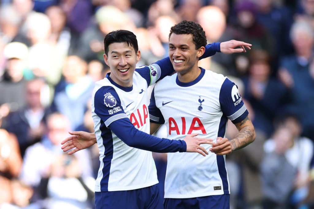 Brennan Johnson of Tottenham Hotspur celebrates scoring his team's second goal with teammate Son Heung-Min during the Premier League match between Tottenham Hotspur FC and Southampton FC at Tottenham Hotspur Stadium on April 06, 2025
