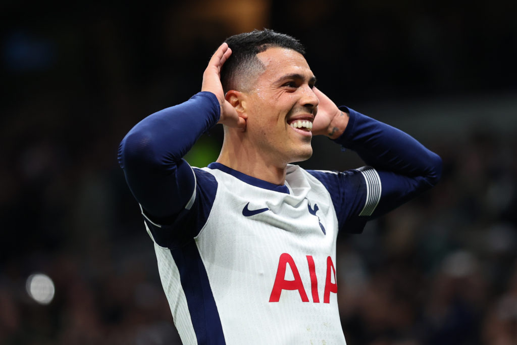 Pedro Porro celebrates during Tottenham Hotspur v Eintracht Frankfurt - UEFA Europa League 2024/25 Quarter Final First Leg