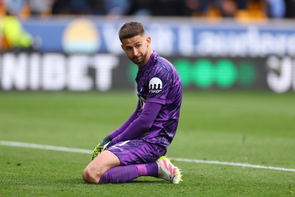 Guglielmo Vicario looks dejected during Wolverhampton Wanderers FC v Tottenham Hotspur FC in the Premier League