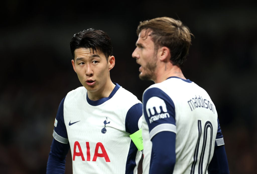 Son Heung-min looks at James Maddison during Tottenham's Europa League match.
