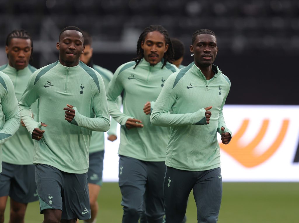 Pape Matar Sarr and Yves Bissouma during Tottenham Hotspur Training Session And Press Conference ahead of the UEFA Europa League 2024/25 Quarter Final Second Leg.