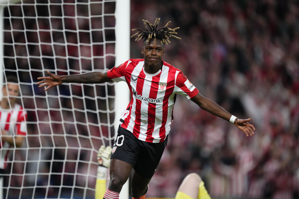 Nico Williams celebrates a goal for Athletic Club against Rangers.