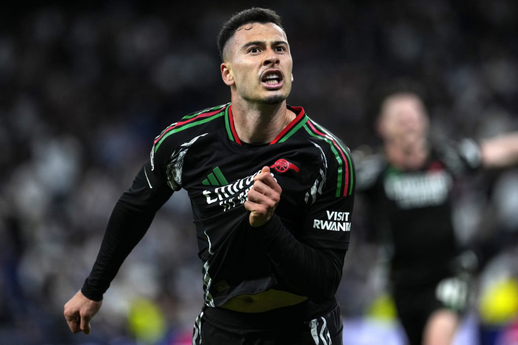 Arsenal attacker Gabriel Martinelli celebrates scoring against Real Madrid in the Champions League.