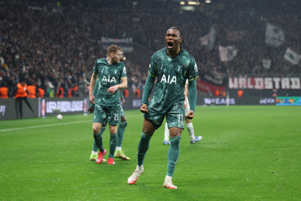 Destiny Udogie celebrates during Eintracht Frankfurt v Tottenham Hotspur - UEFA Europa League 2024/25 Quarter Final Second Leg