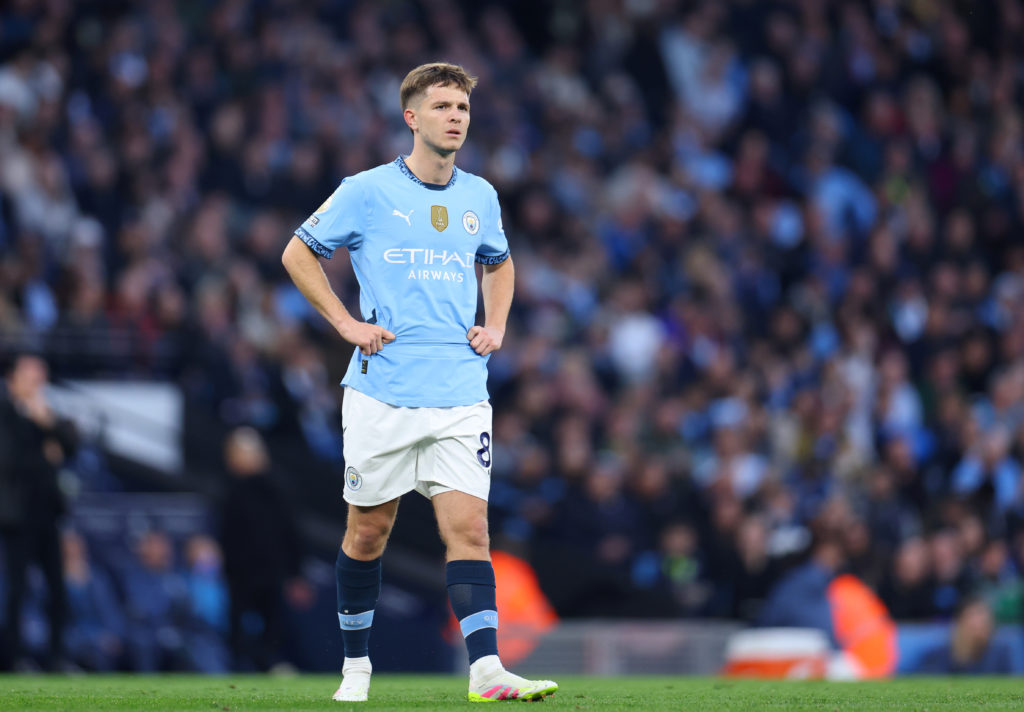 James McAtee in action for Manchester City vs Aston Villa.