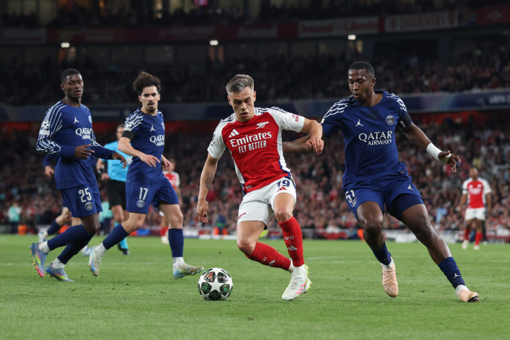 Leandro Trossard of Arsenal in action against Paris Saint-Germain