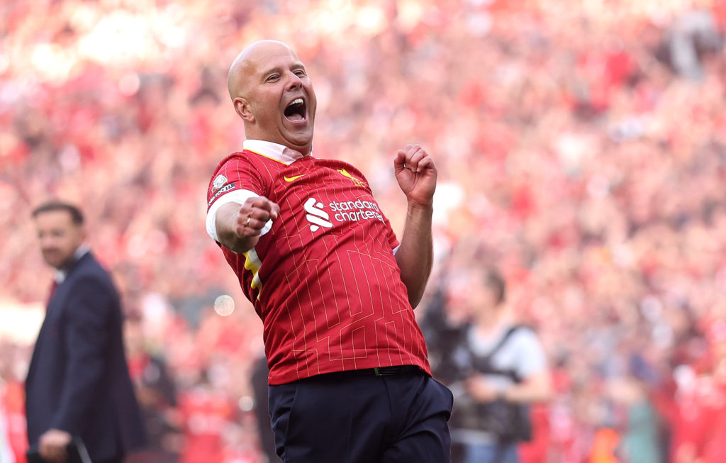 Arne Slot celebrates after Liverpool defeat Tottenham in the Premier League.