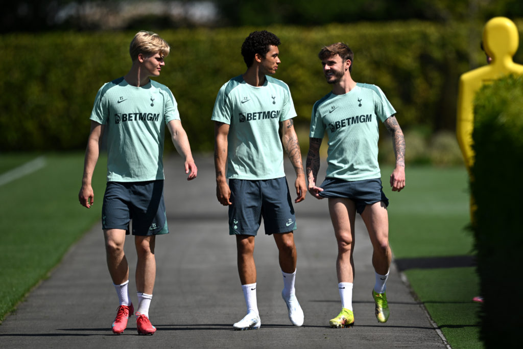Brennan Johnson, James Maddison and Lucas Bergvall ahead of Tottenham Hotspur Training Session.