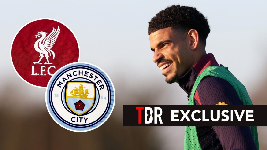 Morgan Gibbs-White of England looks on during a training session at Tottenham Hotspur Training Centre. Inset, the Liverpool and Manchester City bad...