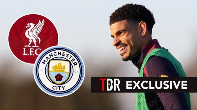 Morgan Gibbs-White of England looks on during a training session at Tottenham Hotspur Training Centre. Inset, the Liverpool and Manchester City bad...