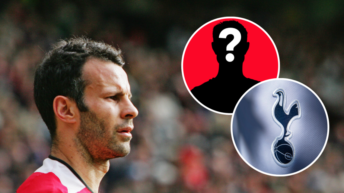Image of Ryan Giggs playing for Manchester United with insets of the Tottenham badge and a mystery player