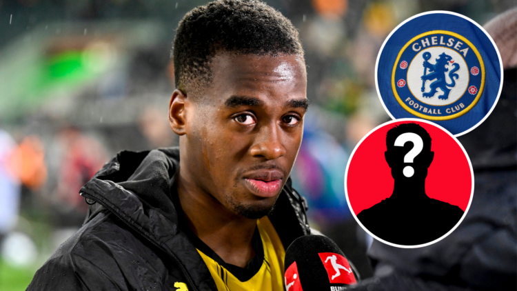 Borussia Dortmund winger Jamie Gittens. Insets of Chelsea badge and mystery player.