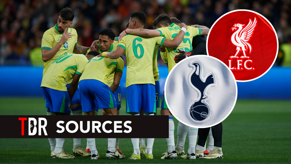 Brazil midfielder Joao Gomes. Insets of Tottenham badge, Liverpool badge and mystery player.