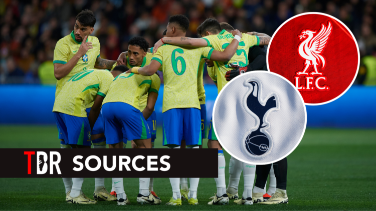 Brazil midfielder Joao Gomes. Insets of Tottenham badge, Liverpool badge and mystery player.