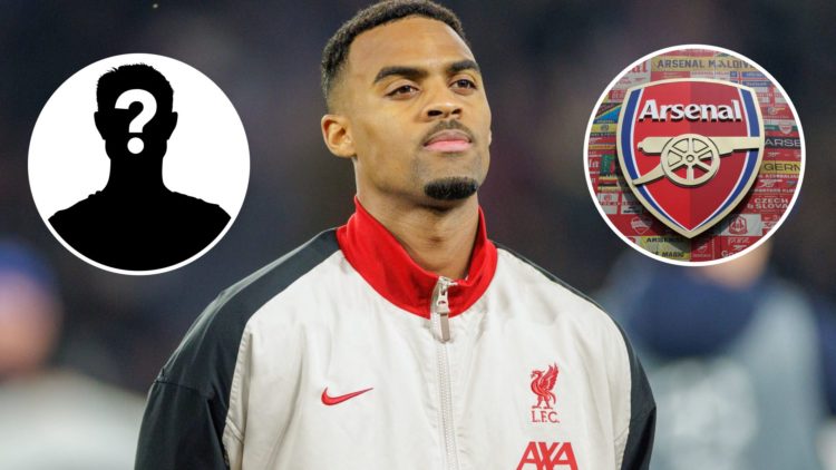Ryan Gravenberch of Liverpool and inset of Detailed view of the Arsenal badge and mystery player