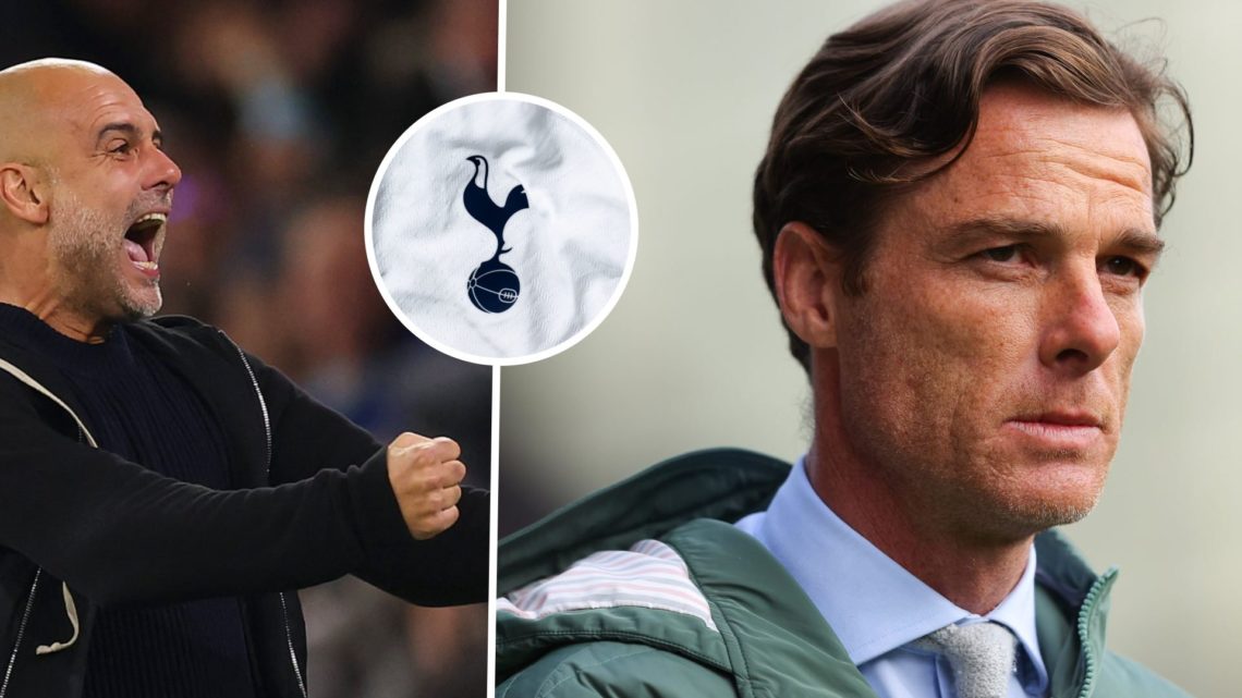 Split Image of Pep Guardiola and Manager of Manchester City and Scott Parker, head coach of Burnley and an inset of the Tottenham badge