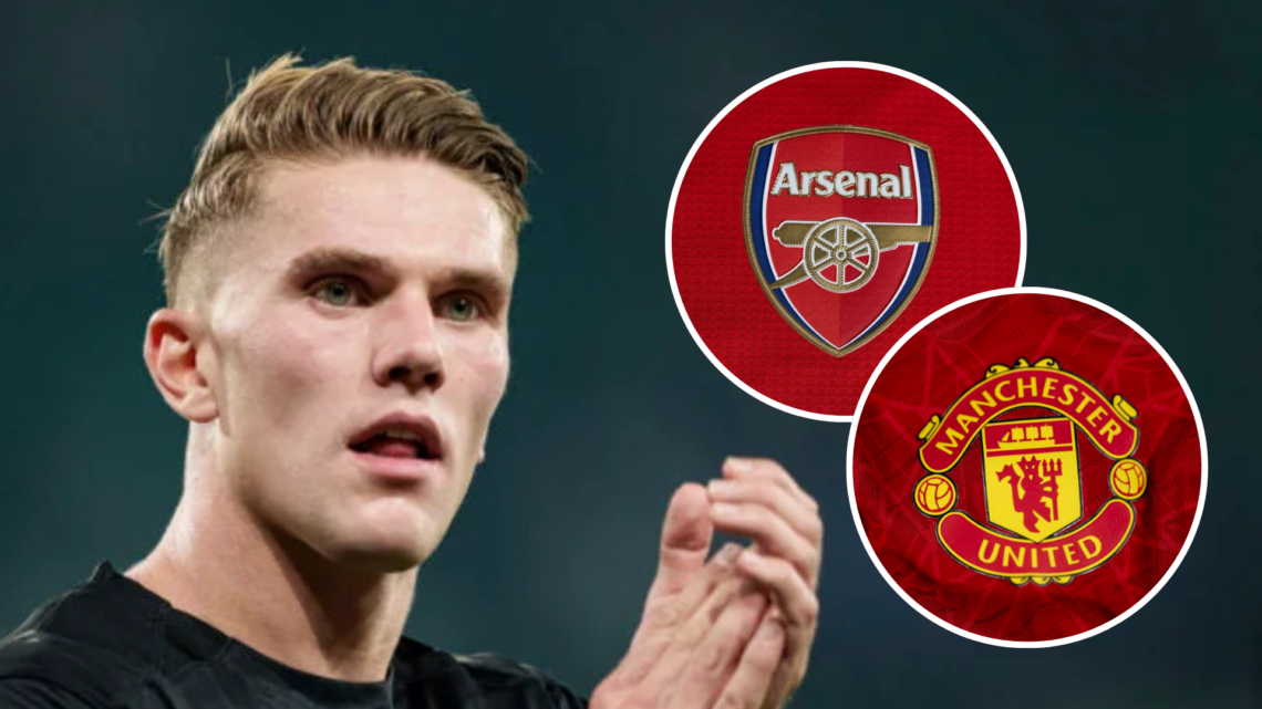 Image of Viktor Gyokeres applauding with insets of the Arsenal and Manchester United badges