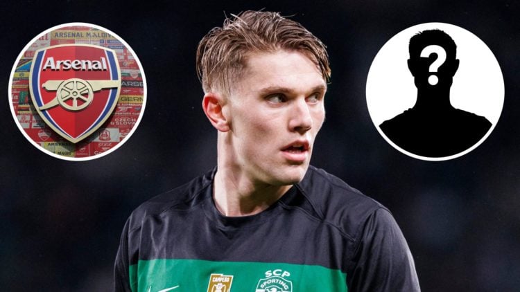Viktor Gyokeres of Sporting and inset of Detailed view of the Arsenal badge and mystery player