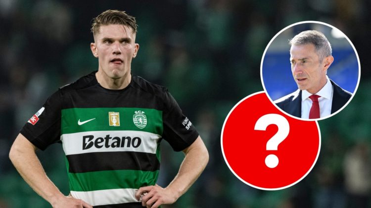 Viktor Gyokeres looks on for Sporting CP. Inset, Andrea Berta and a question mark.