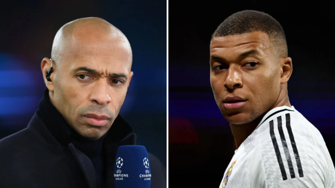 Split image of (L) Thierry Henry working as a pundit for CBS Sports and (R) Kylian Mbappe during a Real Madrid game