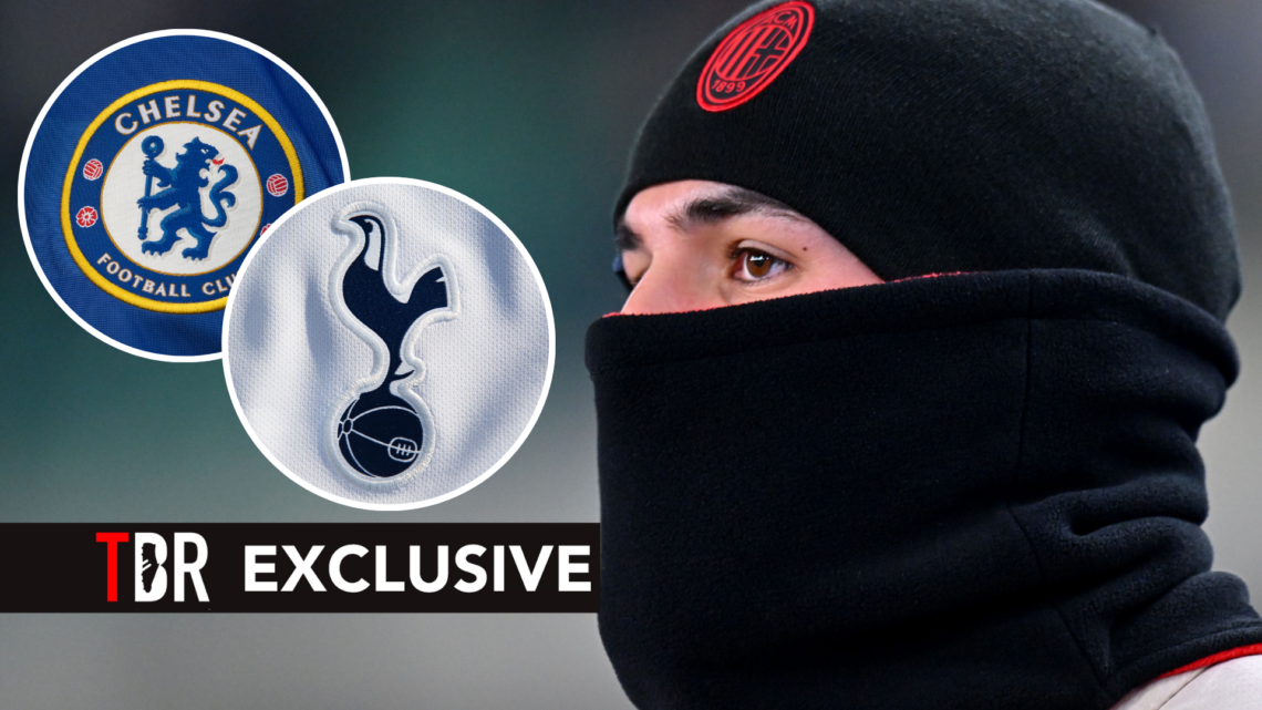 AC Milan defender Theo Hernandez. Insets of Tottenham badge and Chelsea badge.