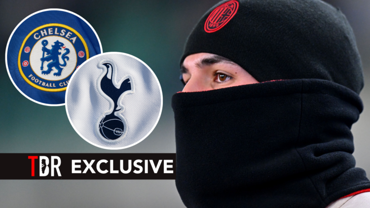 AC Milan defender Theo Hernandez. Insets of Tottenham badge and Chelsea badge.
