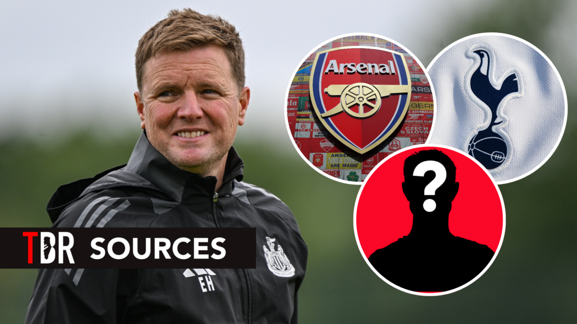 Newcastle United manager Eddie Howe. Insets of Tottenham badge, Arsenal badge and mystery player.
