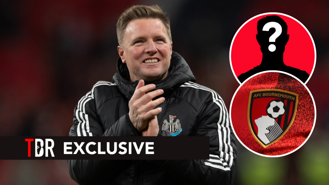 Newcastle United manager Eddie Howe. Inset of Bournemouth badge and mystery player.