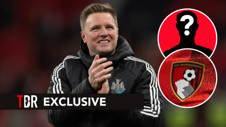 Newcastle United manager Eddie Howe. Inset of Bournemouth badge and mystery player.