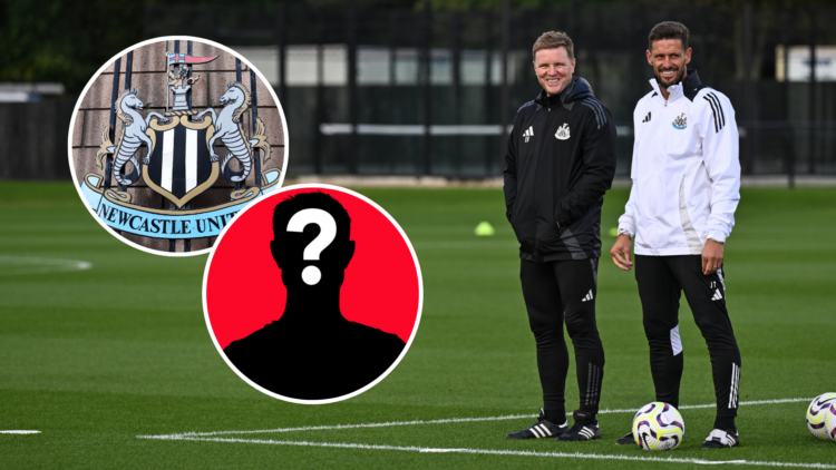 Newcastle United manager Eddie Howe. Insets of Newcastle badge and mystery player.