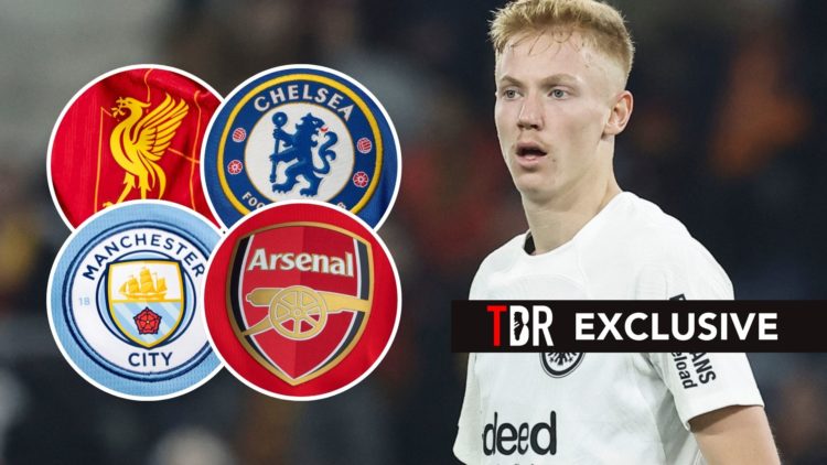 Image of Hugo Larsson with a TBR Exclusive banner and an inset images of Manchester City, Arsenal, Liverpool and Chelsea badges