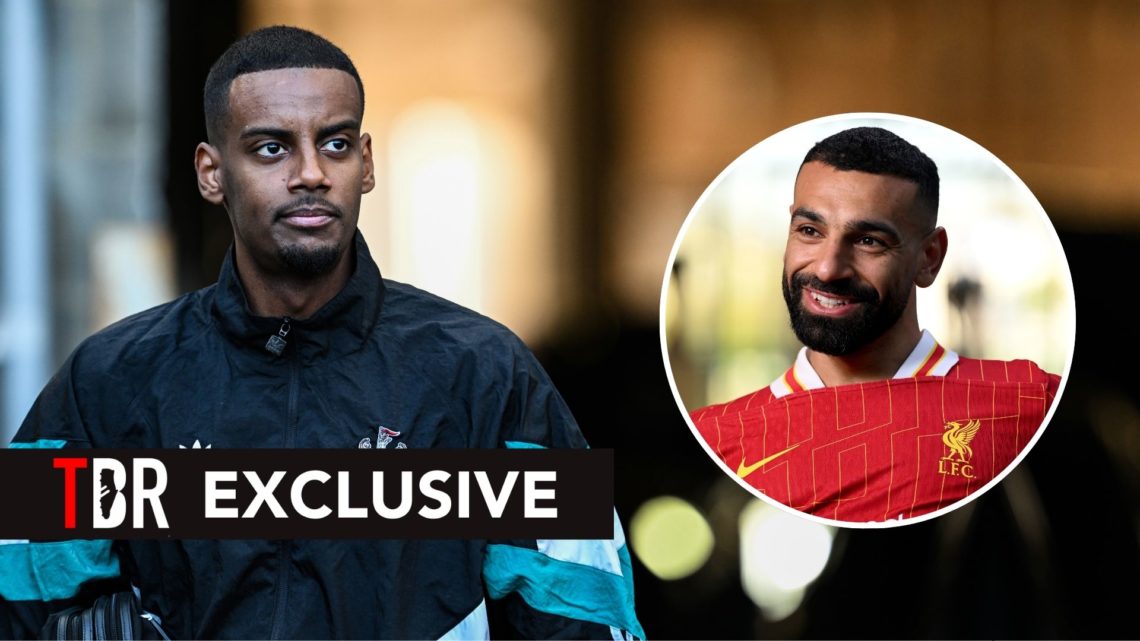 Alexander Isak of Newcastle United (14) arrives for the Premier League match. Inset, Mohamed Salah.