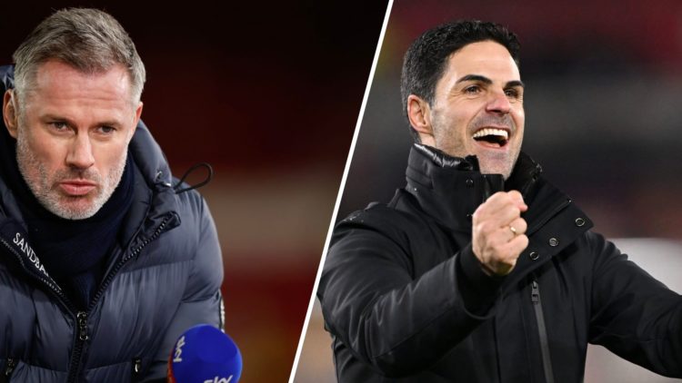 Split Image of Sky Sports TV pundit Jamie Carragher and Mikel Arteta, Manager of Arsenal