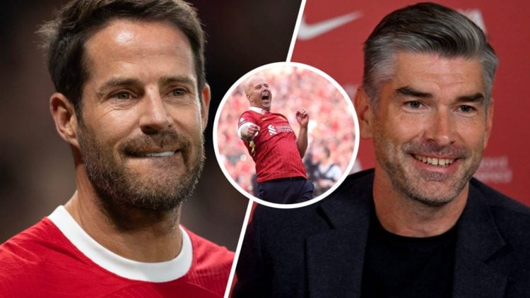 Split Image of Sky Sports pundit Jamie Redknapp and Richard Hughes sporting director of Liverpool with inset of Arne Slot