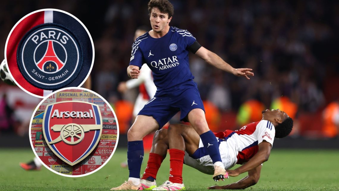 Joao Neves of PSG tackles Myles Lewis-Skelly with insets of The Paris Saint-Germain club crest and Detailed view of the Arsenal badge
