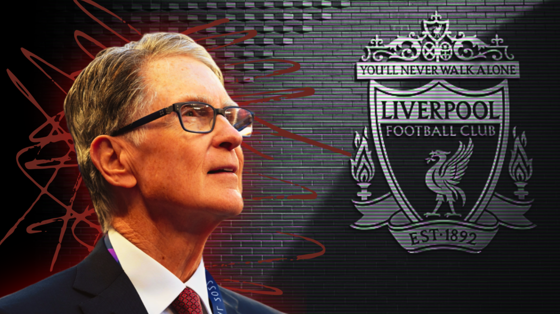 John Henry superimposed over a black-and-white image of the Liverpool badge at Anfield