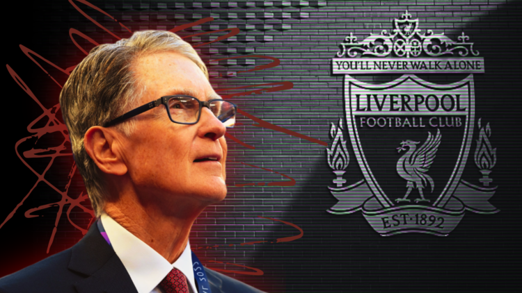 John Henry superimposed over a black-and-white image of the Liverpool badge at Anfield