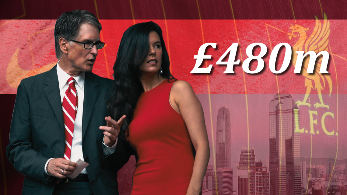 John Henry and Linda Heny superimposed over an image of the Hong Kong skyline, with Liverpool kit underlaid and '£480m' wordage