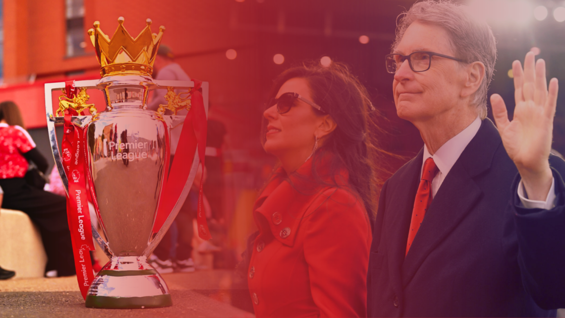 Composite image of Liverpool owner John Henry and a replica of the Premier League trophy outside Anfield