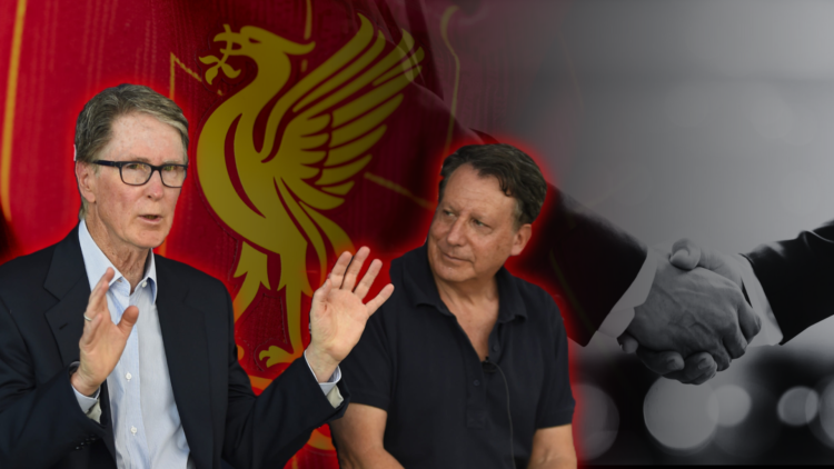 Composite image of John Henry, Tom Werner, the Liverpool badge and two anonymous men shaking hands