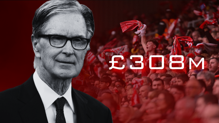 A black and white image of FSG co-owner John Henry, superimposed over the Liverpool crowd, with '£308m' wordage