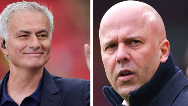 Split Image of Jose Mourinho and Arne Slot with inset of mystery player