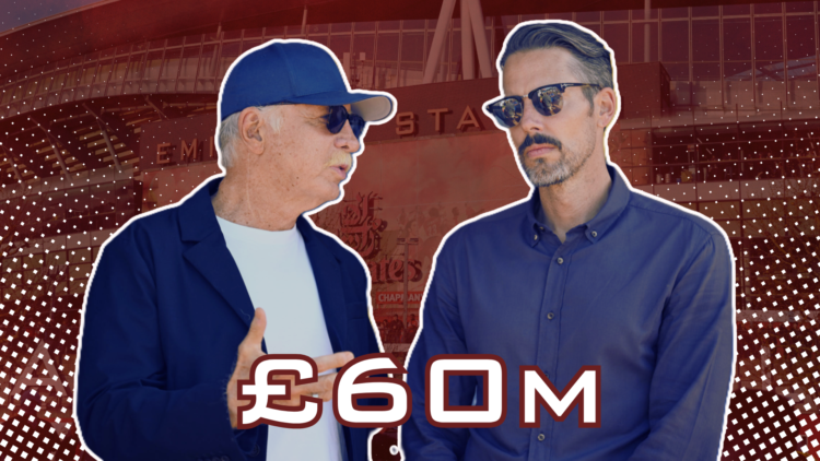 Josh Kroenke converses with Stan Kroenke, superimposed over a general view of Arsenal's Emirates Stadium, with '£60m' wordage